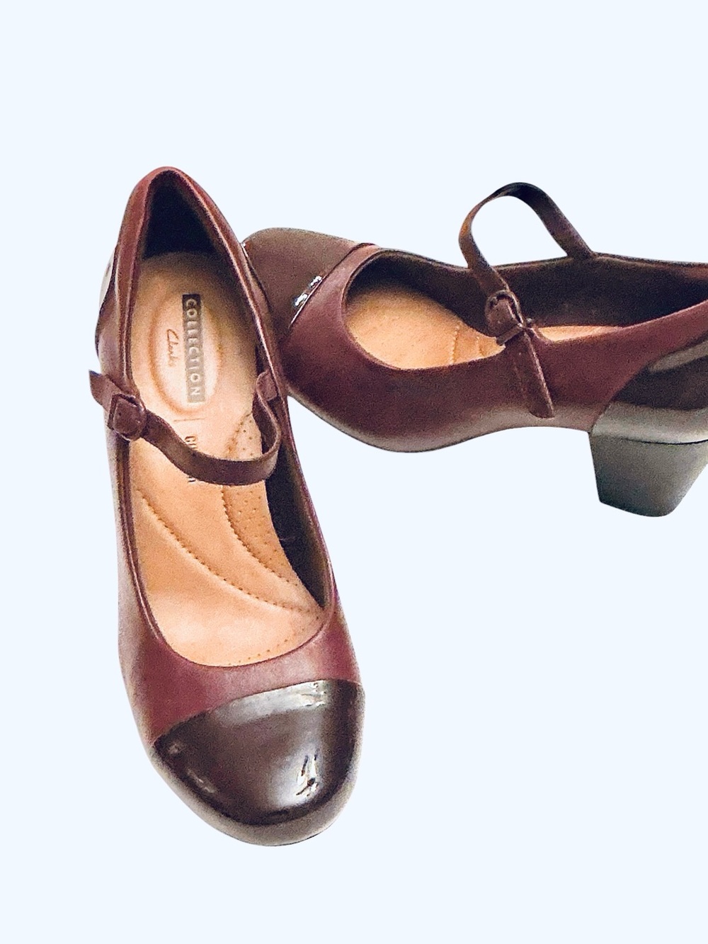 Clarks Burgundy Leather Mary Jane Pump Patent Accents Women’s Size 10 W